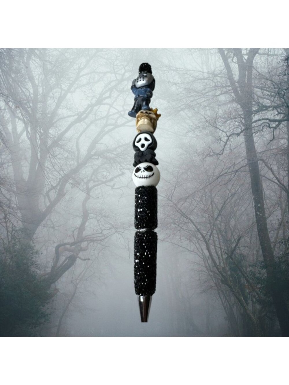 Halloween Horror-Themed Decorative Black Glitter Pen With Skull & Mask Figurines